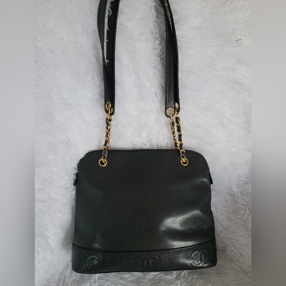 💝COA CHANEL CAVIAR LOGO CHAIN TOTE BAG